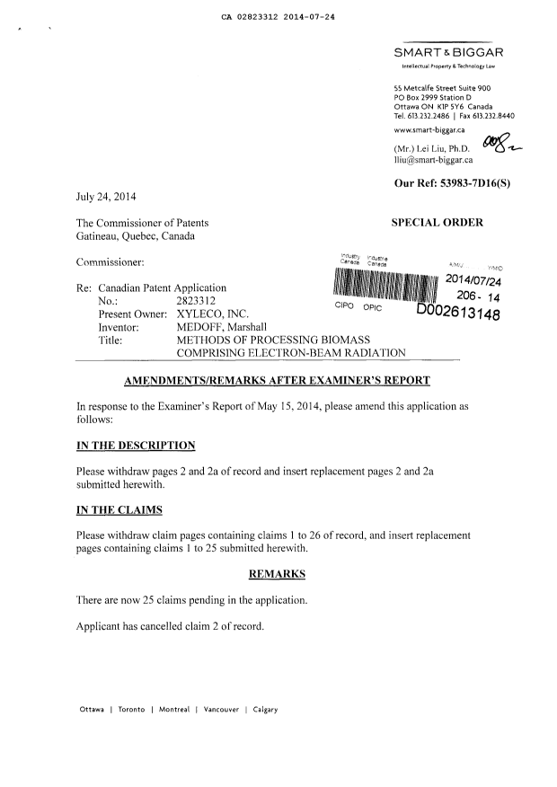 Canadian Patent Document 2823312. Prosecution-Amendment 20140724. Image 1 of 8