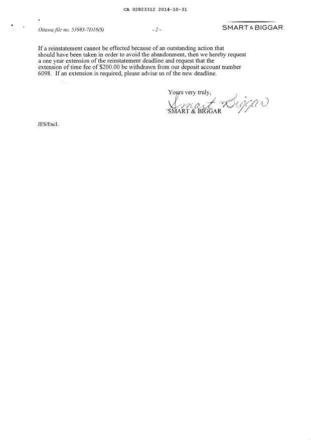 Canadian Patent Document 2823312. Correspondence 20141031. Image 2 of 2
