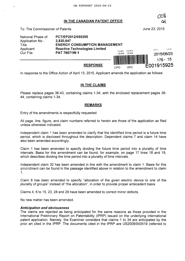 Canadian Patent Document 2830647. Amendment 20150623. Image 1 of 24