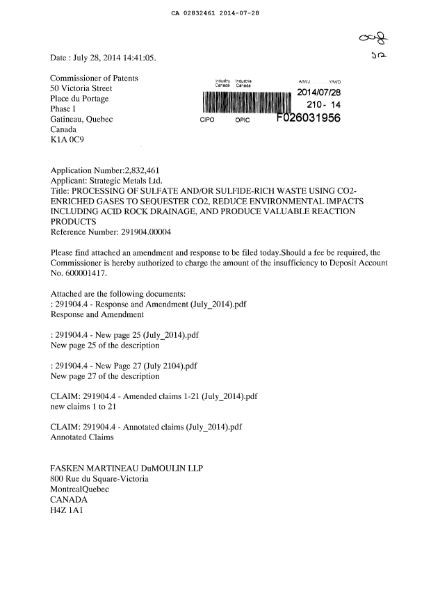 Canadian Patent Document 2832461. Prosecution-Amendment 20140728. Image 1 of 18