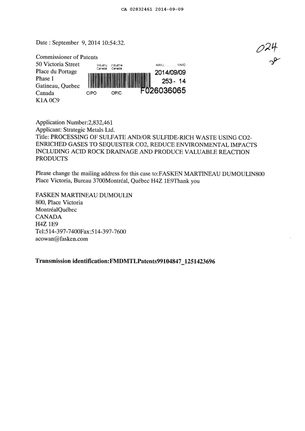 Canadian Patent Document 2832461. Correspondence 20140909. Image 1 of 1