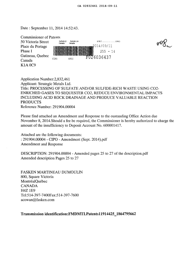 Canadian Patent Document 2832461. Prosecution-Amendment 20140911. Image 1 of 6