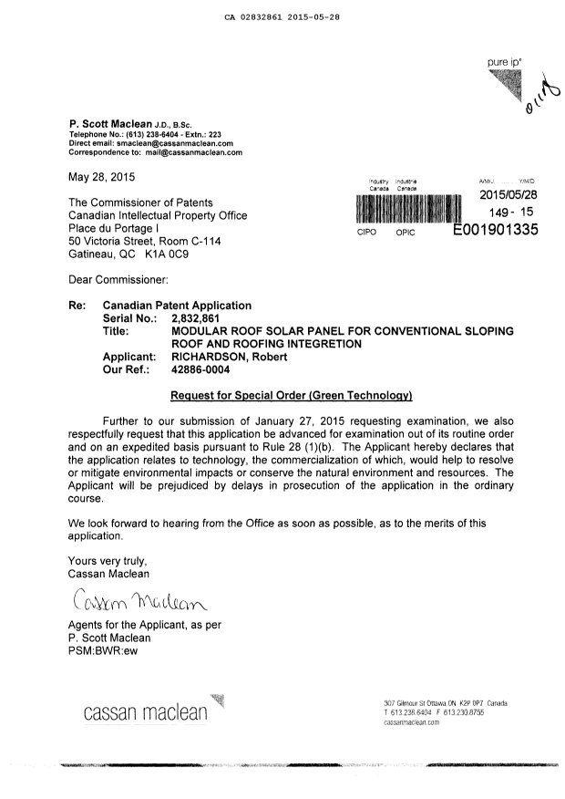 Canadian Patent Document 2832861. Prosecution-Amendment 20150528. Image 1 of 1
