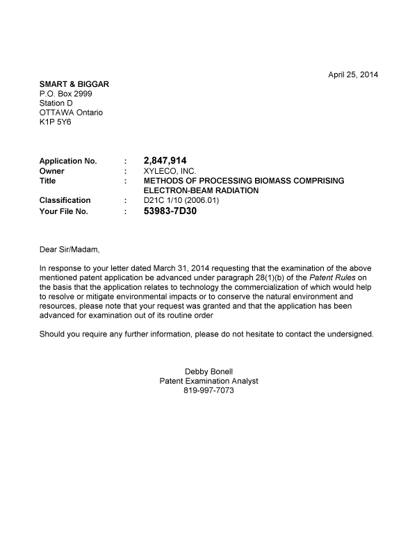 Canadian Patent Document 2847914. Prosecution-Amendment 20140425. Image 1 of 1