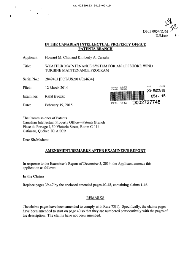 Canadian Patent Document 2849463. Prosecution-Amendment 20150219. Image 1 of 11