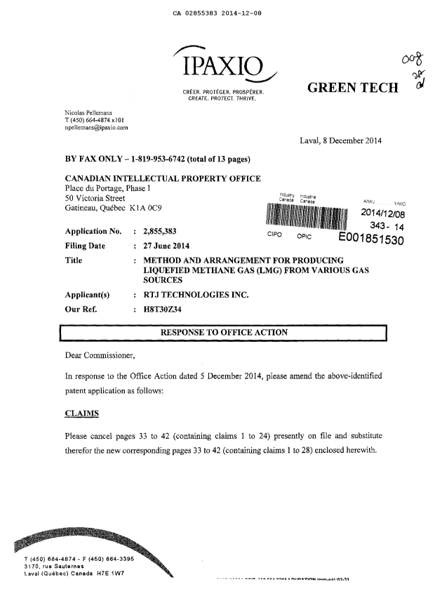 Canadian Patent Document 2855383. Prosecution-Amendment 20141208. Image 1 of 13