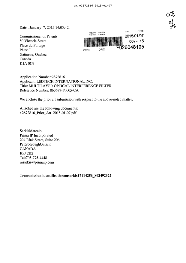 Document de brevet canadien 2872816. Poursuite-Amendment 20150107. Image 1 de 5
