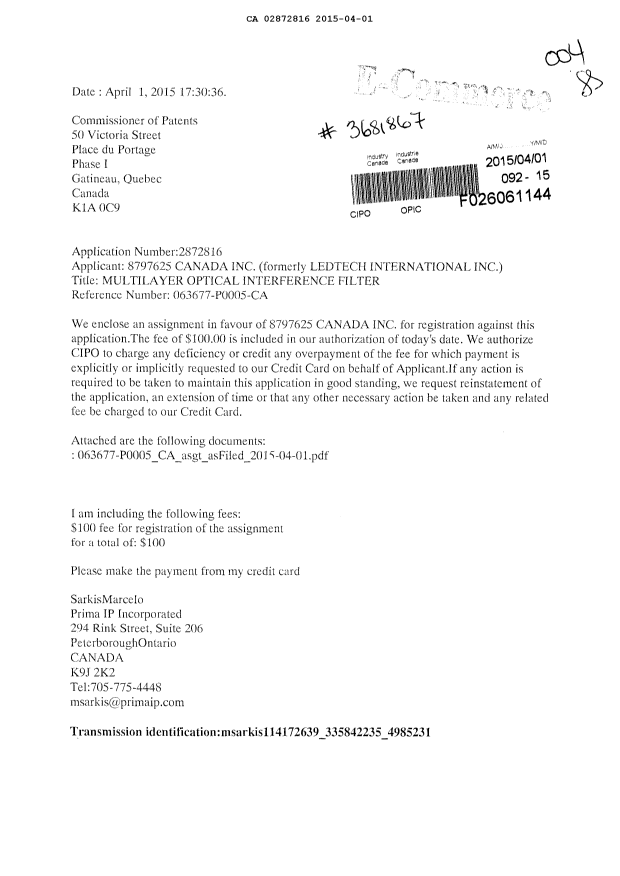 Document de brevet canadien 2872816. Cession 20150401. Image 1 de 7
