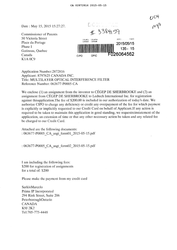 Document de brevet canadien 2872816. Cession 20150515. Image 1 de 14