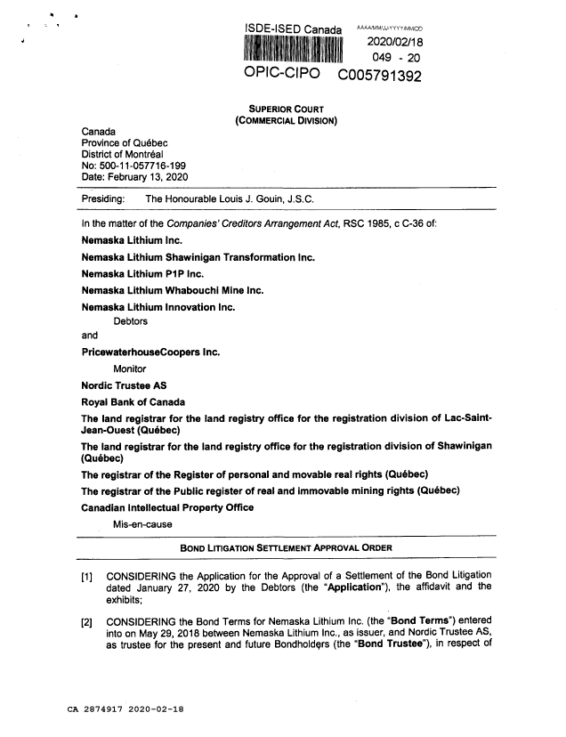 Document de brevet canadien 2874917. Correspondance reliée au PCT 20200218. Image 1 de 20