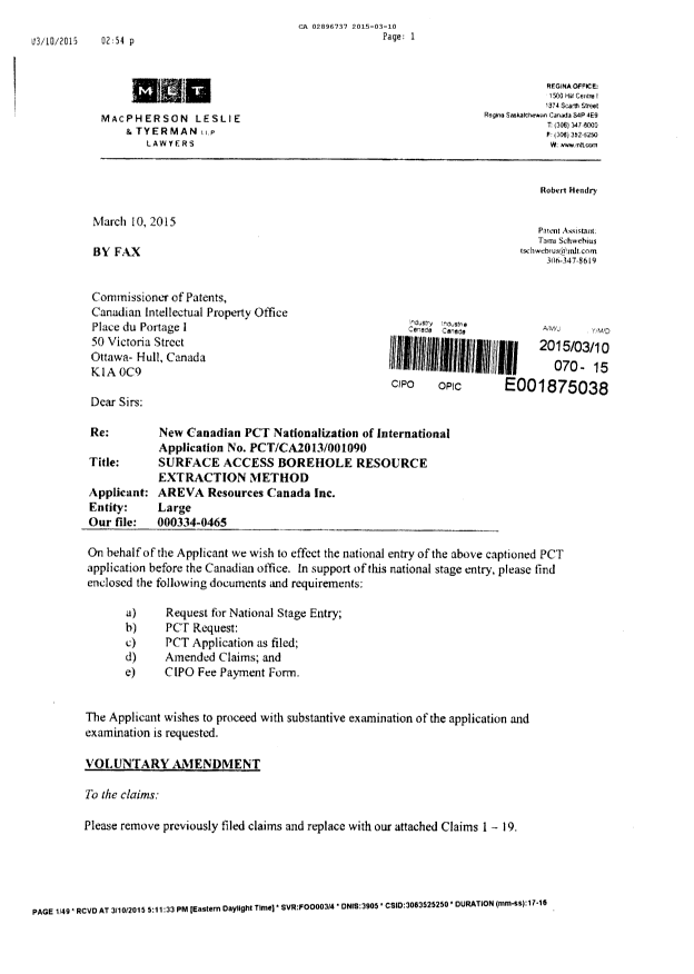 Canadian Patent Document 2896737. Voluntary Amendment 20150310. Image 1 of 4