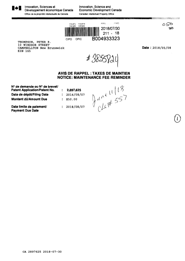 Canadian Patent Document 2897625. Maintenance Fee Payment 20180730. Image 1 of 1