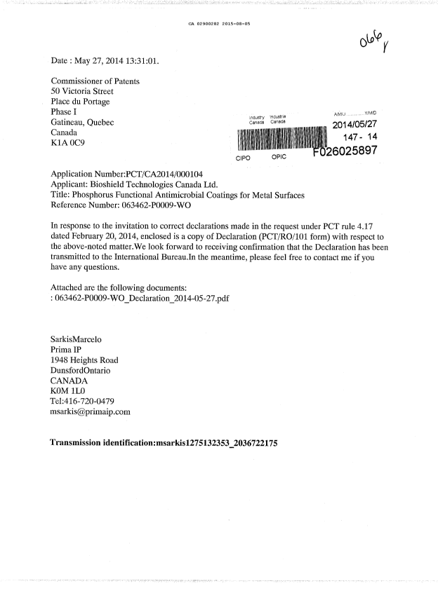 Canadian Patent Document 2900282. Correspondence 20150805. Image 1 of 5