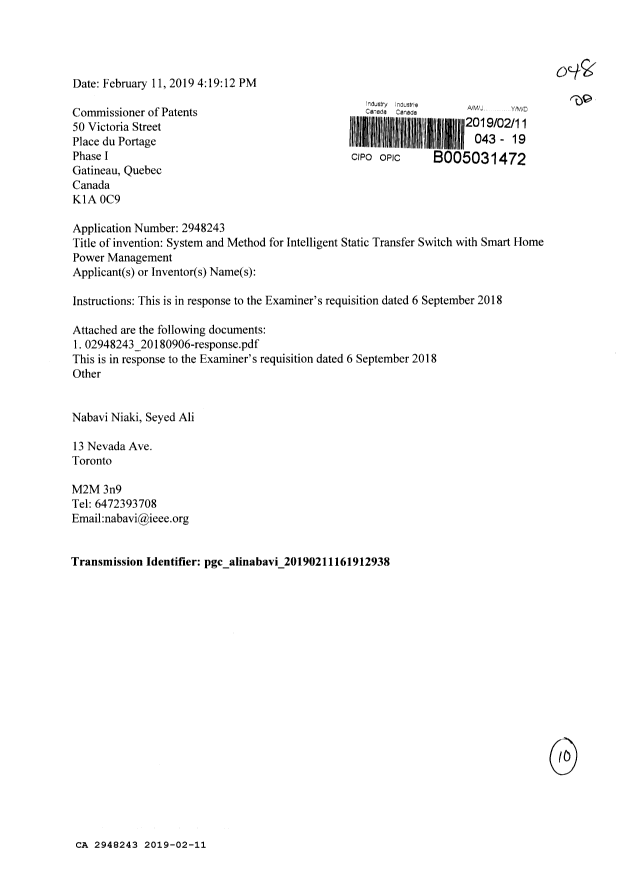 Canadian Patent Document 2948243. Amendment 20190211. Image 1 of 10