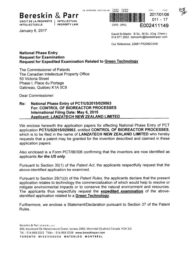 Document de brevet canadien 2954496. Demande d'entrée en phase nationale 20170106. Image 1 de 5
