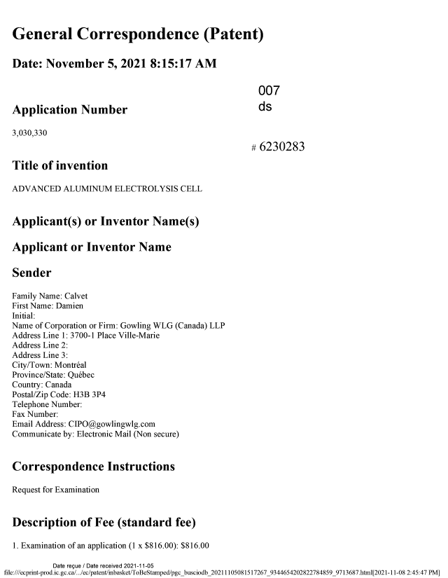 Document de brevet canadien 3030330. Requête d'examen 20211105. Image 1 de 4