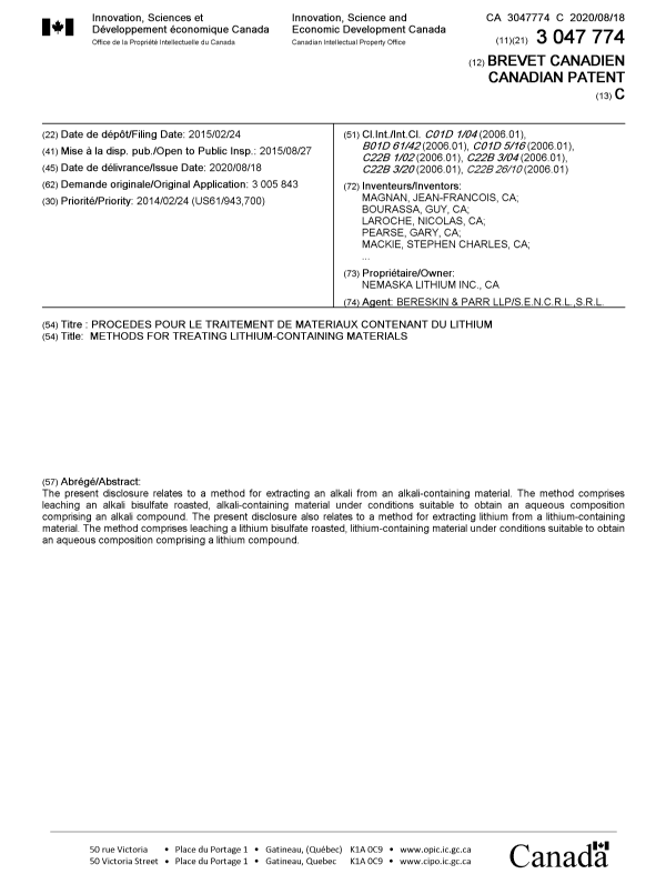 Document de brevet canadien 3047774. Page couverture 20200727. Image 1 de 2